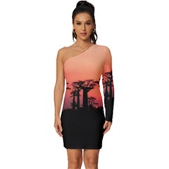 Baobabs Trees Silhouette Landscape Sunset Dusk Long Sleeve One Shoulder Mini Dress by Jancukart