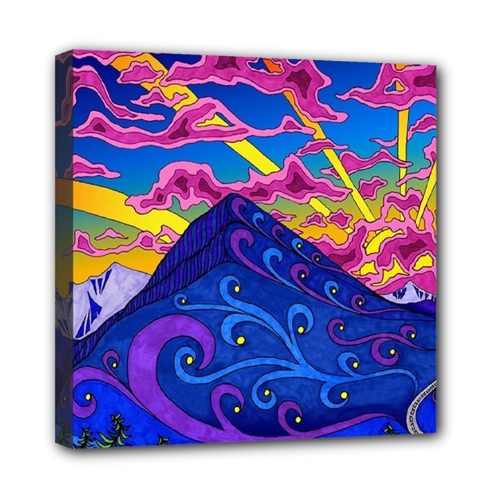 Psychedelic Colorful Lines Nature Mountain Trees Snowy Peak Moon Sun Rays Hill Road Artwork Stars Sk Mini Canvas 8  x 8  (Stretched)