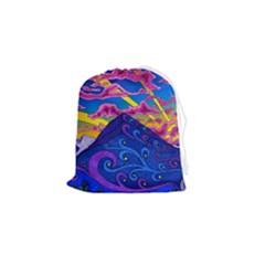 Psychedelic Colorful Lines Nature Mountain Trees Snowy Peak Moon Sun Rays Hill Road Artwork Stars Sk Drawstring Pouch (small)