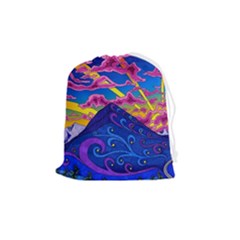 Psychedelic Colorful Lines Nature Mountain Trees Snowy Peak Moon Sun Rays Hill Road Artwork Stars Sk Drawstring Pouch (medium)