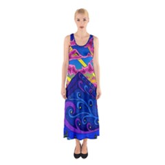 Psychedelic Colorful Lines Nature Mountain Trees Snowy Peak Moon Sun Rays Hill Road Artwork Stars Sk Sleeveless Maxi Dress by Jancukart