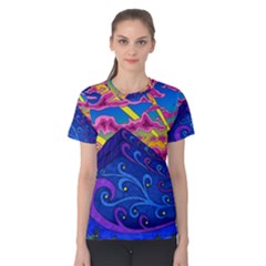 Psychedelic Colorful Lines Nature Mountain Trees Snowy Peak Moon Sun Rays Hill Road Artwork Stars Sk Women s Cotton Tee