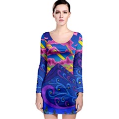 Psychedelic Colorful Lines Nature Mountain Trees Snowy Peak Moon Sun Rays Hill Road Artwork Stars Sk Long Sleeve Bodycon Dress