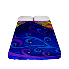 Psychedelic Colorful Lines Nature Mountain Trees Snowy Peak Moon Sun Rays Hill Road Artwork Stars Sk Fitted Sheet (full/ Double Size)