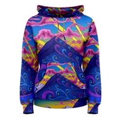 Psychedelic Colorful Lines Nature Mountain Trees Snowy Peak Moon Sun Rays Hill Road Artwork Stars Sk Women s Pullover Hoodie by Jancukart