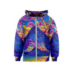 Psychedelic Colorful Lines Nature Mountain Trees Snowy Peak Moon Sun Rays Hill Road Artwork Stars Sk Kids  Zipper Hoodie by Jancukart