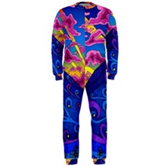 Psychedelic Colorful Lines Nature Mountain Trees Snowy Peak Moon Sun Rays Hill Road Artwork Stars Sk Onepiece Jumpsuit (men)