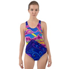 Psychedelic Colorful Lines Nature Mountain Trees Snowy Peak Moon Sun Rays Hill Road Artwork Stars Sk Cut-out Back One Piece Swimsuit by Jancukart