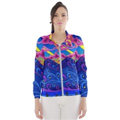 Psychedelic Colorful Lines Nature Mountain Trees Snowy Peak Moon Sun Rays Hill Road Artwork Stars Sk Women s Windbreaker by Jancukart