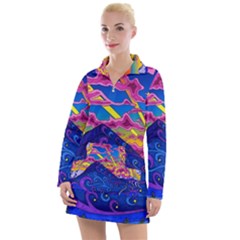 Psychedelic Colorful Lines Nature Mountain Trees Snowy Peak Moon Sun Rays Hill Road Artwork Stars Sk Women s Long Sleeve Casual Dress by Jancukart