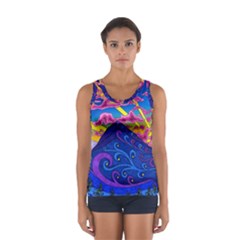 Psychedelic Colorful Lines Nature Mountain Trees Snowy Peak Moon Sun Rays Hill Road Artwork Stars Sk Sport Tank Top 