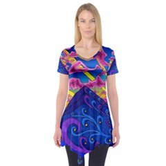 Psychedelic Colorful Lines Nature Mountain Trees Snowy Peak Moon Sun Rays Hill Road Artwork Stars Sk Short Sleeve Tunic 