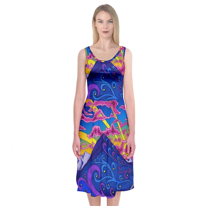 Psychedelic Colorful Lines Nature Mountain Trees Snowy Peak Moon Sun Rays Hill Road Artwork Stars Sk Midi Sleeveless Dress