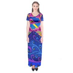 Psychedelic Colorful Lines Nature Mountain Trees Snowy Peak Moon Sun Rays Hill Road Artwork Stars Sk Short Sleeve Maxi Dress