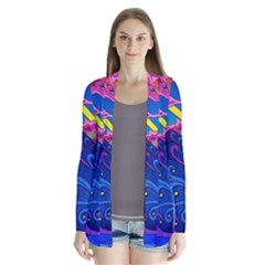 Psychedelic Colorful Lines Nature Mountain Trees Snowy Peak Moon Sun Rays Hill Road Artwork Stars Sk Drape Collar Cardigan by Jancukart