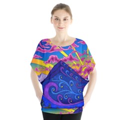 Psychedelic Colorful Lines Nature Mountain Trees Snowy Peak Moon Sun Rays Hill Road Artwork Stars Sk Batwing Chiffon Blouse