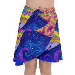 Psychedelic Colorful Lines Nature Mountain Trees Snowy Peak Moon Sun Rays Hill Road Artwork Stars Sk Chiffon Wrap Front Skirt by Jancukart