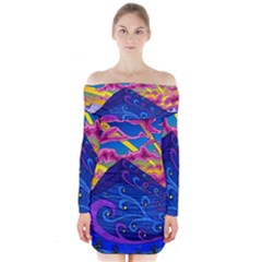 Psychedelic Colorful Lines Nature Mountain Trees Snowy Peak Moon Sun Rays Hill Road Artwork Stars Sk Long Sleeve Off Shoulder Dress