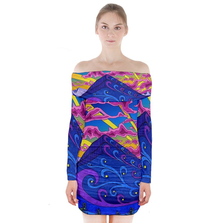 Psychedelic Colorful Lines Nature Mountain Trees Snowy Peak Moon Sun Rays Hill Road Artwork Stars Sk Long Sleeve Off Shoulder Dress