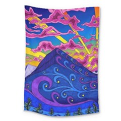 Psychedelic Colorful Lines Nature Mountain Trees Snowy Peak Moon Sun Rays Hill Road Artwork Stars Sk Large Tapestry by Jancukart