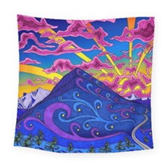 Psychedelic Colorful Lines Nature Mountain Trees Snowy Peak Moon Sun Rays Hill Road Artwork Stars Sk Square Tapestry (large) by Jancukart