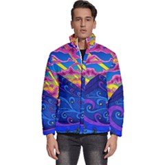 Psychedelic Colorful Lines Nature Mountain Trees Snowy Peak Moon Sun Rays Hill Road Artwork Stars Sk Men s Puffer Bubble Jacket Coat by Jancukart