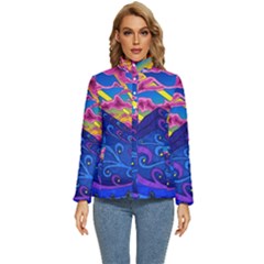 Psychedelic Colorful Lines Nature Mountain Trees Snowy Peak Moon Sun Rays Hill Road Artwork Stars Sk Women s Puffer Bubble Jacket Coat by Jancukart