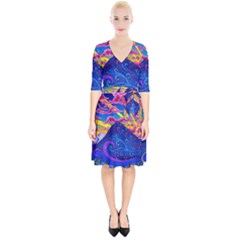 Psychedelic Colorful Lines Nature Mountain Trees Snowy Peak Moon Sun Rays Hill Road Artwork Stars Sk Wrap Up Cocktail Dress by Jancukart