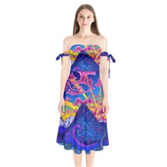 Psychedelic Colorful Lines Nature Mountain Trees Snowy Peak Moon Sun Rays Hill Road Artwork Stars Sk Shoulder Tie Bardot Midi Dress