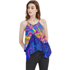 Psychedelic Colorful Lines Nature Mountain Trees Snowy Peak Moon Sun Rays Hill Road Artwork Stars Sk Flowy Camisole Tank Top by Jancukart