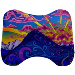 Psychedelic Colorful Lines Nature Mountain Trees Snowy Peak Moon Sun Rays Hill Road Artwork Stars Sk Head Support Cushion by Jancukart