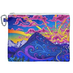 Psychedelic Colorful Lines Nature Mountain Trees Snowy Peak Moon Sun Rays Hill Road Artwork Stars Sk Canvas Cosmetic Bag (xxl) by Jancukart