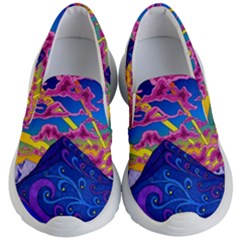 Psychedelic Colorful Lines Nature Mountain Trees Snowy Peak Moon Sun Rays Hill Road Artwork Stars Sk Kids Lightweight Slip Ons by Jancukart