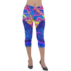 Psychedelic Colorful Lines Nature Mountain Trees Snowy Peak Moon Sun Rays Hill Road Artwork Stars Sk Lightweight Velour Capri Leggings  by Jancukart