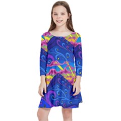 Psychedelic Colorful Lines Nature Mountain Trees Snowy Peak Moon Sun Rays Hill Road Artwork Stars Sk Kids  Quarter Sleeve Skater Dress by Jancukart