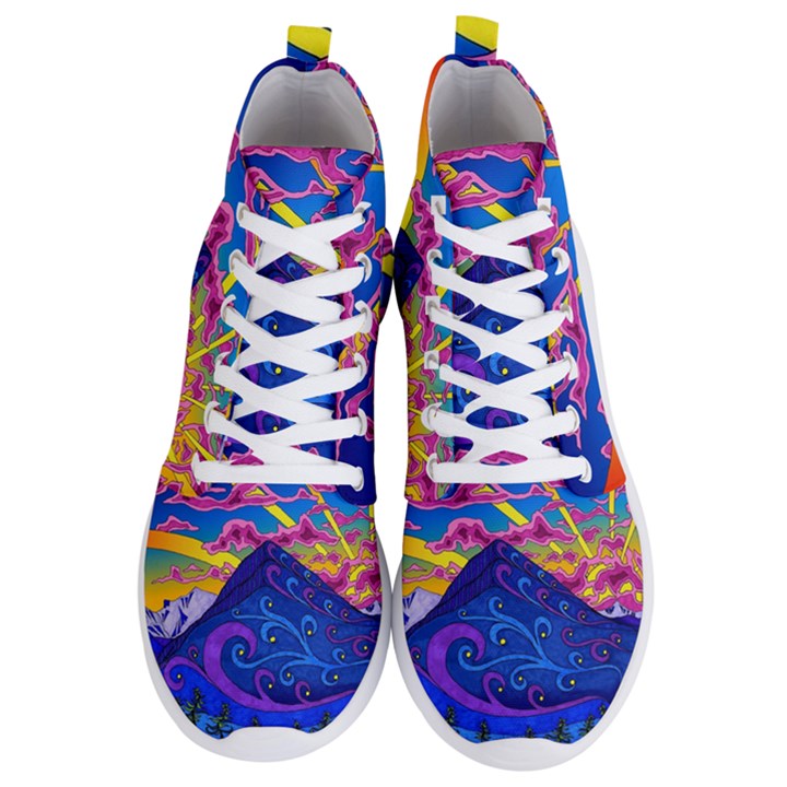 Psychedelic Colorful Lines Nature Mountain Trees Snowy Peak Moon Sun Rays Hill Road Artwork Stars Sk Men s Lightweight High Top Sneakers