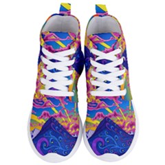 Psychedelic Colorful Lines Nature Mountain Trees Snowy Peak Moon Sun Rays Hill Road Artwork Stars Sk Women s Lightweight High Top Sneakers by Jancukart