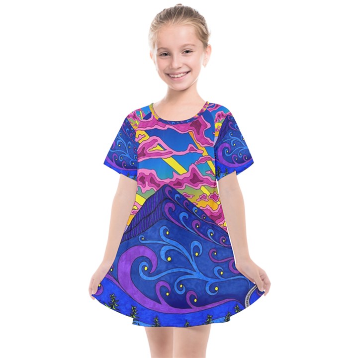 Psychedelic Colorful Lines Nature Mountain Trees Snowy Peak Moon Sun Rays Hill Road Artwork Stars Sk Kids  Smock Dress