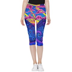 Psychedelic Colorful Lines Nature Mountain Trees Snowy Peak Moon Sun Rays Hill Road Artwork Stars Sk Inside Out Lightweight Velour Capri Leggings 