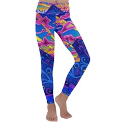 Psychedelic Colorful Lines Nature Mountain Trees Snowy Peak Moon Sun Rays Hill Road Artwork Stars Sk Kids  Lightweight Velour Classic Yoga Leggings by Jancukart