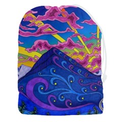 Psychedelic Colorful Lines Nature Mountain Trees Snowy Peak Moon Sun Rays Hill Road Artwork Stars Sk Drawstring Pouch (3xl) by Jancukart