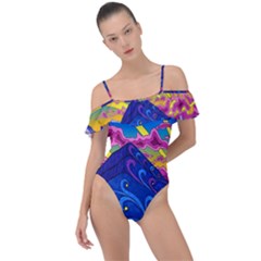 Psychedelic Colorful Lines Nature Mountain Trees Snowy Peak Moon Sun Rays Hill Road Artwork Stars Sk Frill Detail One Piece Swimsuit by Jancukart