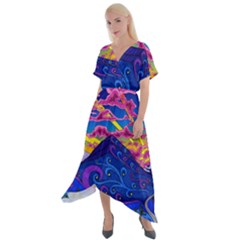 Psychedelic Colorful Lines Nature Mountain Trees Snowy Peak Moon Sun Rays Hill Road Artwork Stars Sk Cross Front Sharkbite Hem Maxi Dress by Jancukart