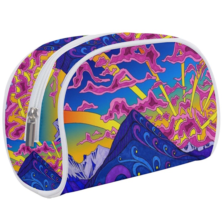 Psychedelic Colorful Lines Nature Mountain Trees Snowy Peak Moon Sun Rays Hill Road Artwork Stars Sk Make Up Case (Large)