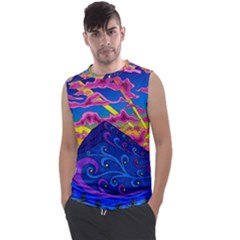 Psychedelic Colorful Lines Nature Mountain Trees Snowy Peak Moon Sun Rays Hill Road Artwork Stars Sk Men s Regular Tank Top