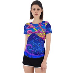 Psychedelic Colorful Lines Nature Mountain Trees Snowy Peak Moon Sun Rays Hill Road Artwork Stars Sk Back Cut Out Sport Tee by Jancukart