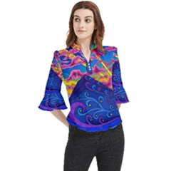 Psychedelic Colorful Lines Nature Mountain Trees Snowy Peak Moon Sun Rays Hill Road Artwork Stars Sk Loose Horn Sleeve Chiffon Blouse