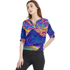 Psychedelic Colorful Lines Nature Mountain Trees Snowy Peak Moon Sun Rays Hill Road Artwork Stars Sk Quarter Sleeve Blouse