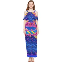 Psychedelic Colorful Lines Nature Mountain Trees Snowy Peak Moon Sun Rays Hill Road Artwork Stars Sk Draped Sleeveless Chiffon Jumpsuit by Jancukart