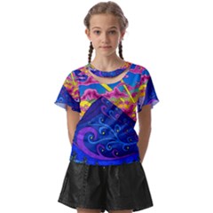 Psychedelic Colorful Lines Nature Mountain Trees Snowy Peak Moon Sun Rays Hill Road Artwork Stars Sk Kids  Front Cut Tee by Jancukart